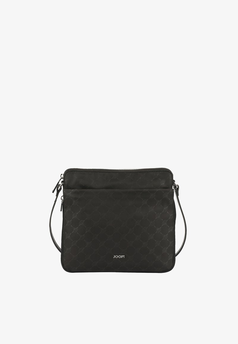 Borsa a tracolla nera con un motivo testurizzato. Presenta due scomparti con zip e una tracolla regolabile. Logo visibile sulla parte anteriore.