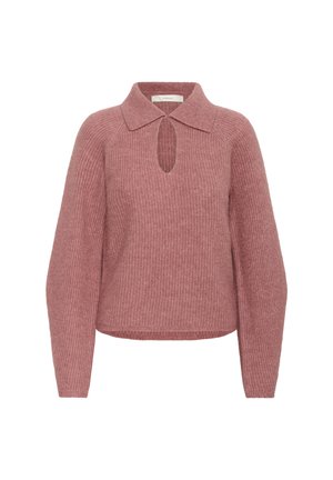 Langärmliger Pullover in staubrosa aus Strick mit ribbeliger Textur, umgeschlagenem Kragen und einem Schlüsselloch-Ausschnitt auf der Vorderseite.