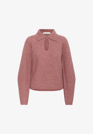 Suéter de punto rosa empolvado de manga larga con textura acanalada, cuello doblado y corte en forma de llave en la parte delantera.