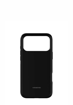 Sort smartphone-etui med blank finish, rektangulært hul øverst og diskret mærkning langs den nederste kant. Glat tekstur.