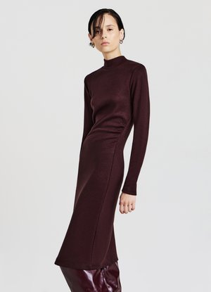 Bordeauxrotes langärmliges Kleid aus weichem Stoff, mit figurbetonter Silhouette und hohem Ausschnitt, in einem schlanken, eleganten Design.