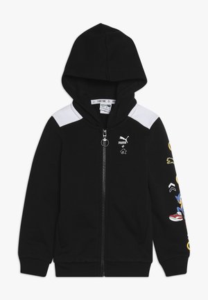 Schwarze Zip-Hoodie mit Kapuze, weißen Schulterpaneelen und bunten Charakterstickereien an den Ärmeln. Hergestellt aus weichem, strukturiertem Material.