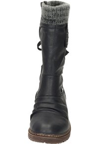 Schwarze kniehohe Lederstiefel mit einer gestrickten grauen Manschette, strukturiertem Design und geschwungenem Vorderteil. Verfügt über einen seitlichen Reißverschluss und dekorative Beschläge.