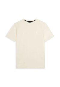 T-shirt crema a maniche corte con colletto a girocollo e testo in rilievo sottile sul petto, adagiato su uno sfondo bianco.