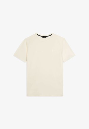 T-shirt crema a maniche corte con colletto a girocollo e testo in rilievo sottile sul petto, adagiato su uno sfondo bianco.