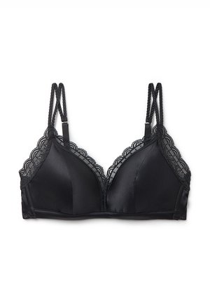 Schwarzer BH mit satinierter Oberfläche und Spitzenbesatz. Verfügt über dreieckige Cups, verstellbare, gedrehte Träger und einen Haken- und Ösenverschluss.
