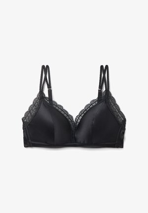 Svart bh med satinfinish och spetsdetaljer. Har triangulära kupor, justerbara tvinnade axelband och en hysk-och-ögla-stängning.