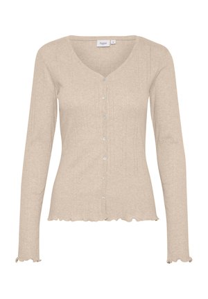 Beige pitkähihaine cardigan V-päällä, ribbitekstuuri, aallotettu helma ja kuuden napin etuluku. Pehmeä kangas hienovaraisilla yksityiskohdilla.