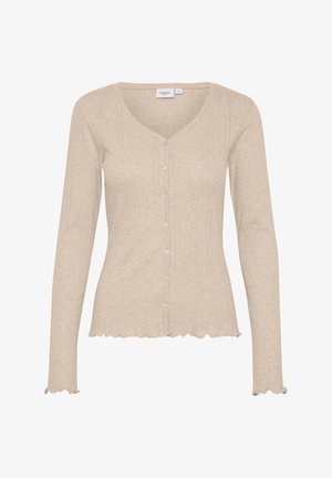 Beige langärmlige Strickjacke mit V-Ausschnitt, gerippter Textur, gewelltem Saum und sechs Knöpfen vorn. Weicher Stoff mit dezenten Details.