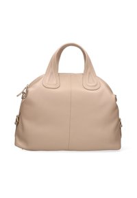 Borsa a mano in pelle beige con forma arrotondata, due manici corti e fibbie laterali, esposta su uno sfondo bianco.