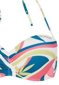 Bikini top colorato con un motivo floreale che presenta vortici blu, rosa e verde. Realizzato in tessuto liscio con spalline regolabili e dettaglio del logo.