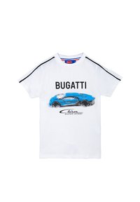 T-shirt bianco in cotone con grafica blu della Bugatti Chiron e testo nero. Maniche corte con strisce nere sulle spalle.