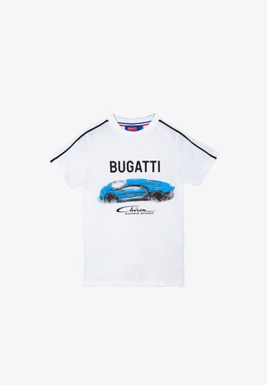White cotton T-shirt featuring a blue Bugatti Chiron graphic and black text. Short sleeves with black stripes on shoulders.