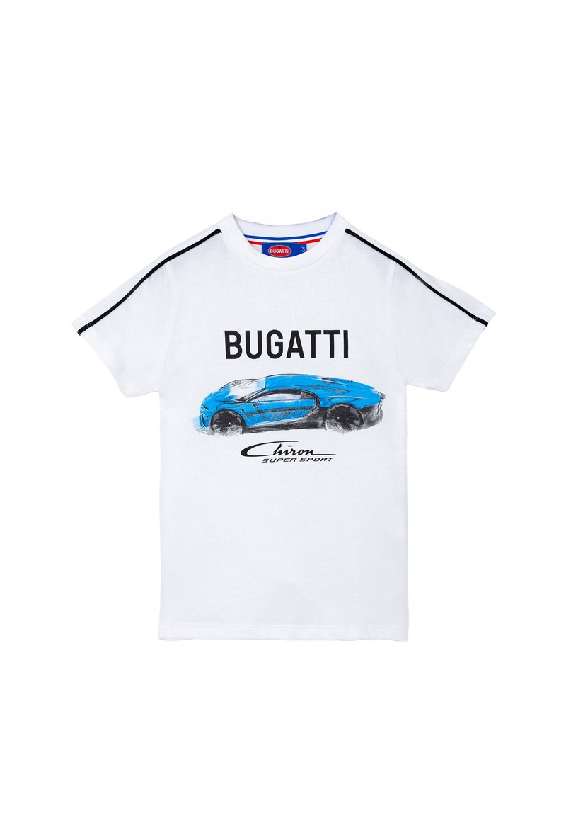 T-shirt bianco in cotone con grafica blu della Bugatti Chiron e testo nero. Maniche corte con strisce nere sulle spalle.