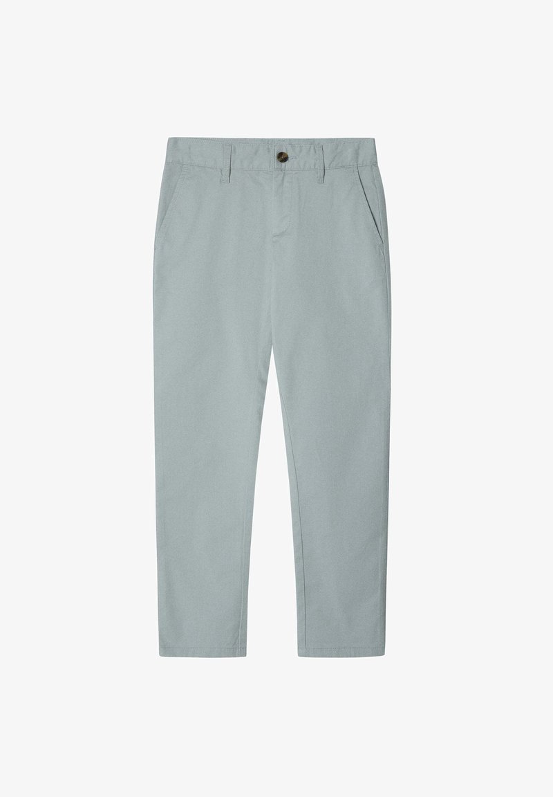 Svetlošedé nohavice rovného strihu vyrobené z hladkej bavlny. Obsahujú dve predné vrecká a jediné zapínanie na gombík v oblasti pása.