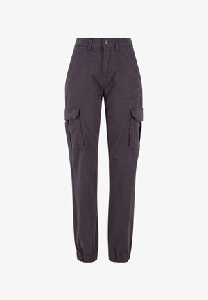 Cargo pants in dark gray fabric, featuring a relaxed fit, two side cargo pockets, elastic cuffs, and a button closure.