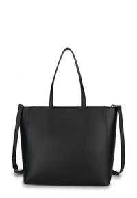 Black leather tote bag with two handles and a detachable shoulder strap. Features a smooth texture and minimalistic design.