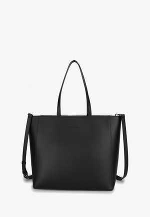 Zwarte leren tote bag met twee handvaten en een afneembare schouderriem. Heeft een gladde textuur en een minimalistisch design.