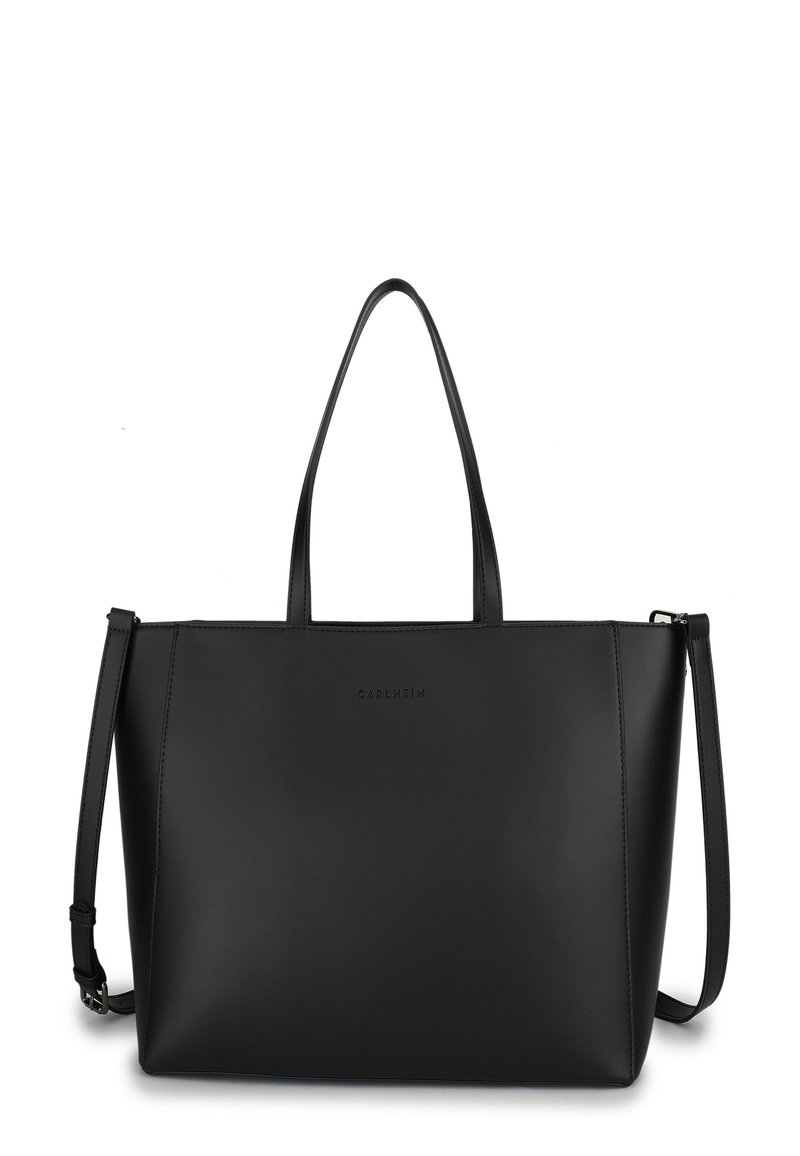 Black leather tote bag with two handles and a detachable shoulder strap. Features a smooth texture and minimalistic design.