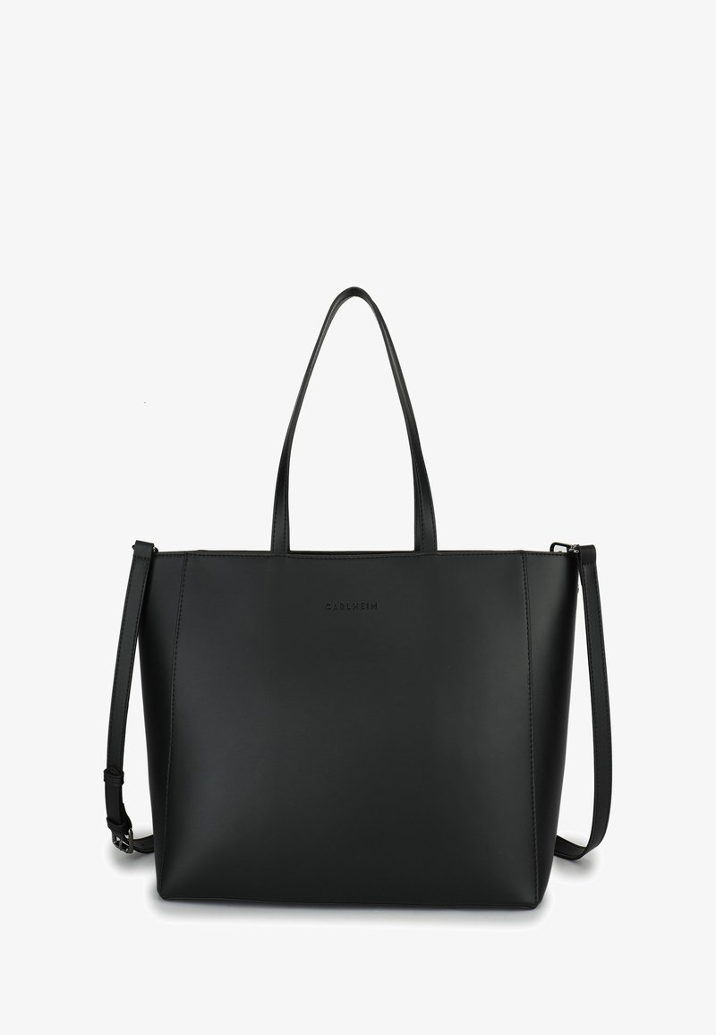 Sac fourre-tout en cuir noir avec deux poignées et une bandoulière amovible. Présente une texture lisse et un design minimaliste.