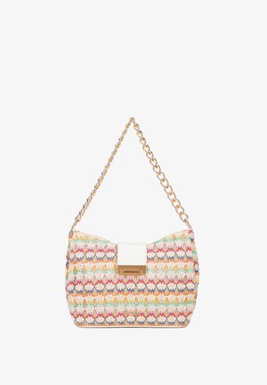 Sac tissé multicolore avec une chaîne, fermoir blanc et une forme arrondie. Présente un motif floral de différentes couleurs.