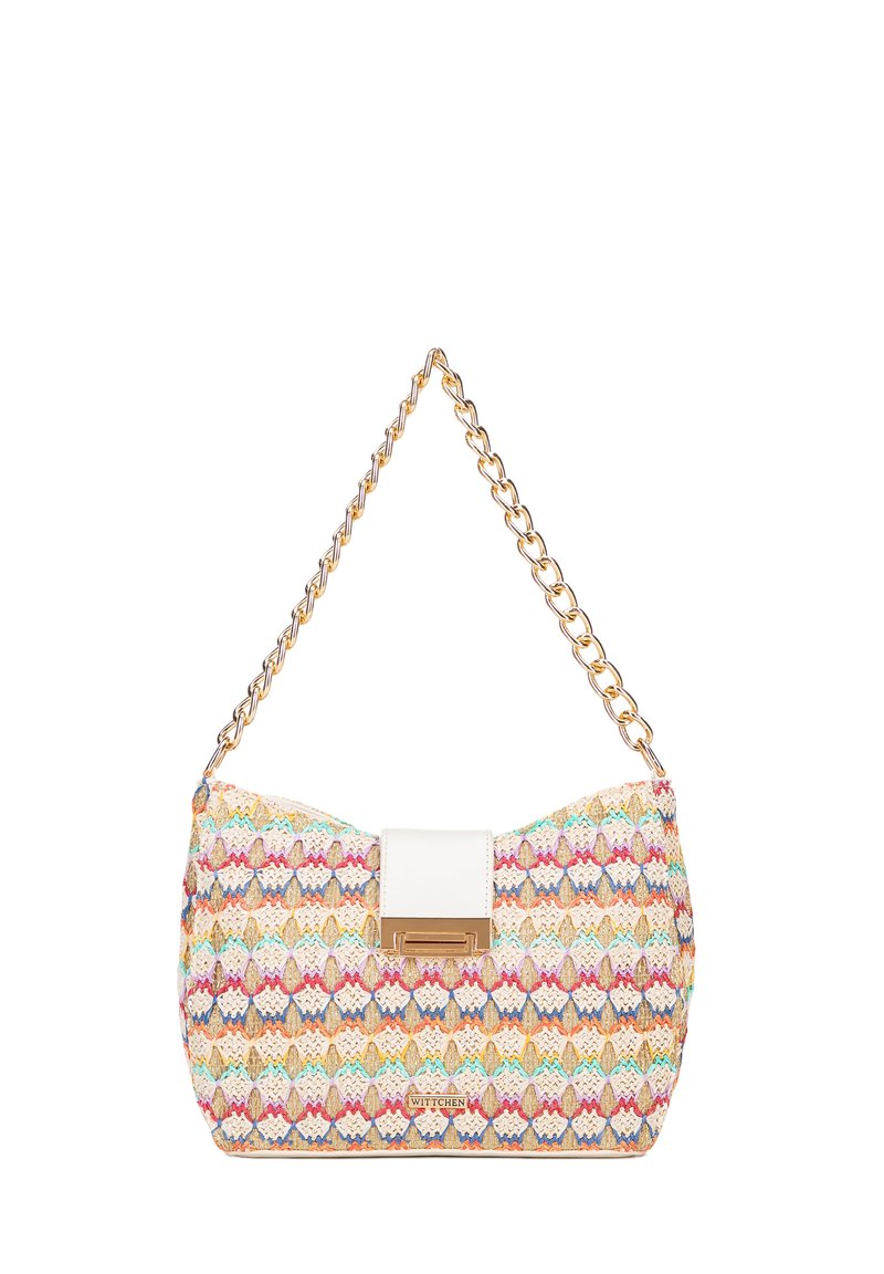 Borsa intrecciata multicolore con tracolla a catena, chiusura bianca e forma arrotondata. Presenta un motivo floreale in diverse tonalità.