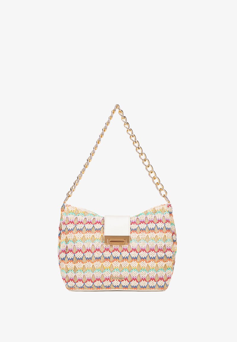 Sac tissé multicolore avec une chaîne, fermoir blanc et une forme arrondie. Présente un motif floral de différentes couleurs.
