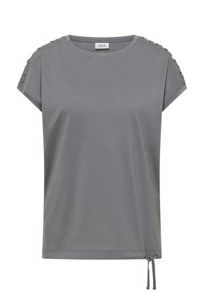 Haut gris à manches courtes avec col rond, détails froncés aux épaules et cordon ajustable sur la couture latérale inférieure.