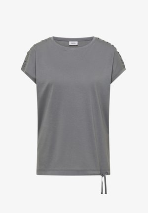 Grijs topje met korte mouwen en ronde hals, gerimpelde details op de schouders en verstelbaar trekkoord aan de onderkant van de zijnaad.