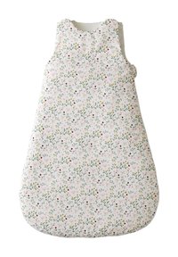 Floral-patterned sleeping bag with a white background, featuring green leaves and pink, red, and yellow flowers. Soft fabric, rounded shape.