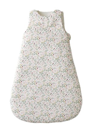 Floral-patterned sleeping bag with a white background, featuring green leaves and pink, red, and yellow flowers. Soft fabric, rounded shape.