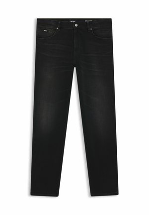 Svarta jeans i denim med rak skärning, utrustade med framfickor, knappstängning och subtil blekning. Enkel design utan synliga mönster.