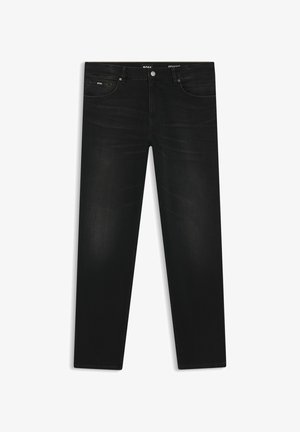 Svarta jeans i denim med rak skärning, utrustade med framfickor, knappstängning och subtil blekning. Enkel design utan synliga mönster.