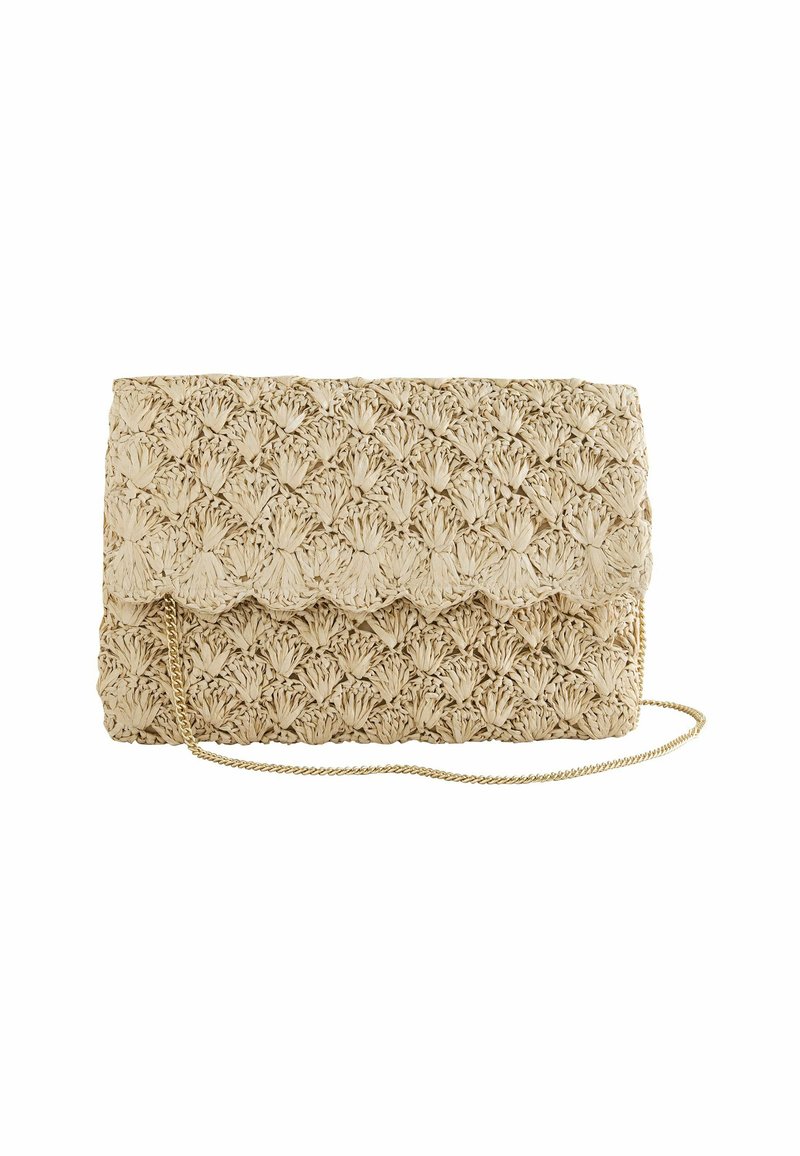 Borsa a tracolla intrecciata beige con un motivo floreale texturizzato, pattina ondulata e una tracolla in oro per il trasporto.
