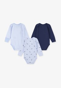 Tri dojčenské body s dlhým rukávom: svetlomodré s pruhmi, svetlomodré s malými vzormi a tmavomodré jednoliate. Mäkká bavlnená látka so zapínaním na patentky.