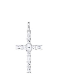 Silberanhänger in Form eines Kreuzes, bestehend aus rechteckigen, klaren Edelsteinen, die symmetrisch angeordnet sind, mit einer Öse oben, auf der "SABO" eingraviert ist.