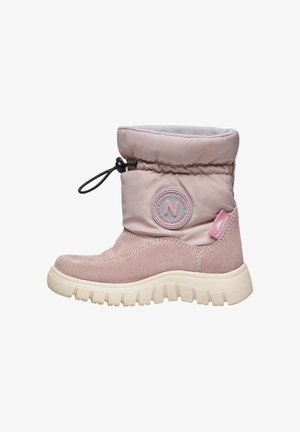 Hellrosa Winterstiefel für Kinder mit gepolstertem Obermaterial, verstellbarem Kordelzug, Gummisohle und rundem Naturino-Logo an der Seite.