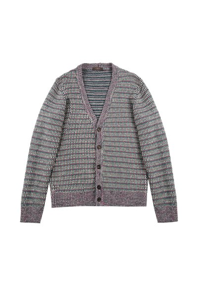 Sweter zapinany na guziki w odcieniach fioletu i zieleni, z dekoltem w kształcie litery V oraz teksturowanym wzorem na całej powierzchni. Długie rękawy z ściągaczami.