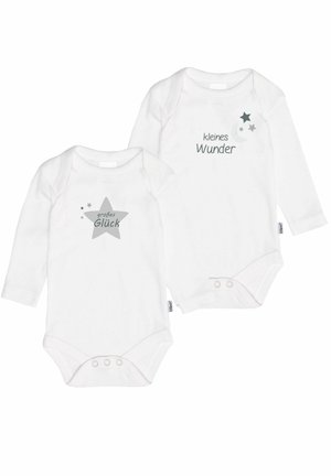 Two white long-sleeve baby bodysuits feature grey text reading "großes Glück" and "kleines Wunder," with star and moon graphic accents.