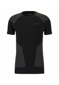 T-shirt noir à manches courtes avec des accents texturés  à rayures sur les épaules. Présente une coupe ajustée et un col rond. Logo FALKE sur le devant.