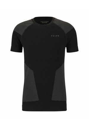 T-shirt nera a maniche corte con dettagli testurizzati a righe sulle spalle. Presenta un design aderente e una scollatura rotonda. Logo FALKE sul davanti.