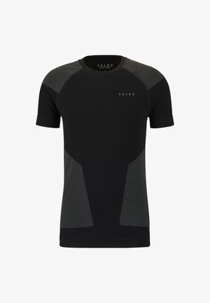 Black short-sleeve T-shirt with textured, striped accents on shoulders. Features a fitted design and a round neckline. FALKE logo on front.