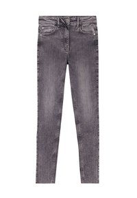 Skinny jeans van zwarte denim met een vervaagd oppervlak. Voorzien van vijf zakken, riemlussen en stiksels langs de naden.