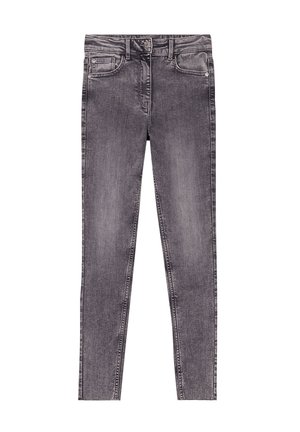 Schwarze Skinny Jeans aus Denim mit einem verblassten Finish. Mit fünf Taschen, Gürtelschlaufen und Nähdetails entlang der Nähte.