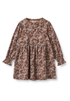 Brun blomsterkjole med lange pufærmer, indsnævret talje og løs pasform. Har små blå og gule blomster på tekstureret stof.