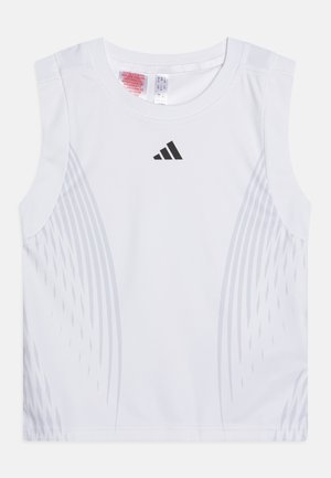 Balta be rankovių sportinė palaidinė su subtiliomis pilkomis įstrižomis juostelėmis ir juodu logotipu priekyje. Pagaminta iš lygios, elastingos medžiagos.