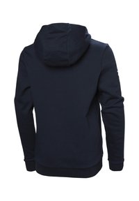 Sudadera con capucha de color azul marino, de manga larga, con puños y dobladillo acanalados. Diseño sencillo, material de algodón y sin patrones ni logotipos visibles.