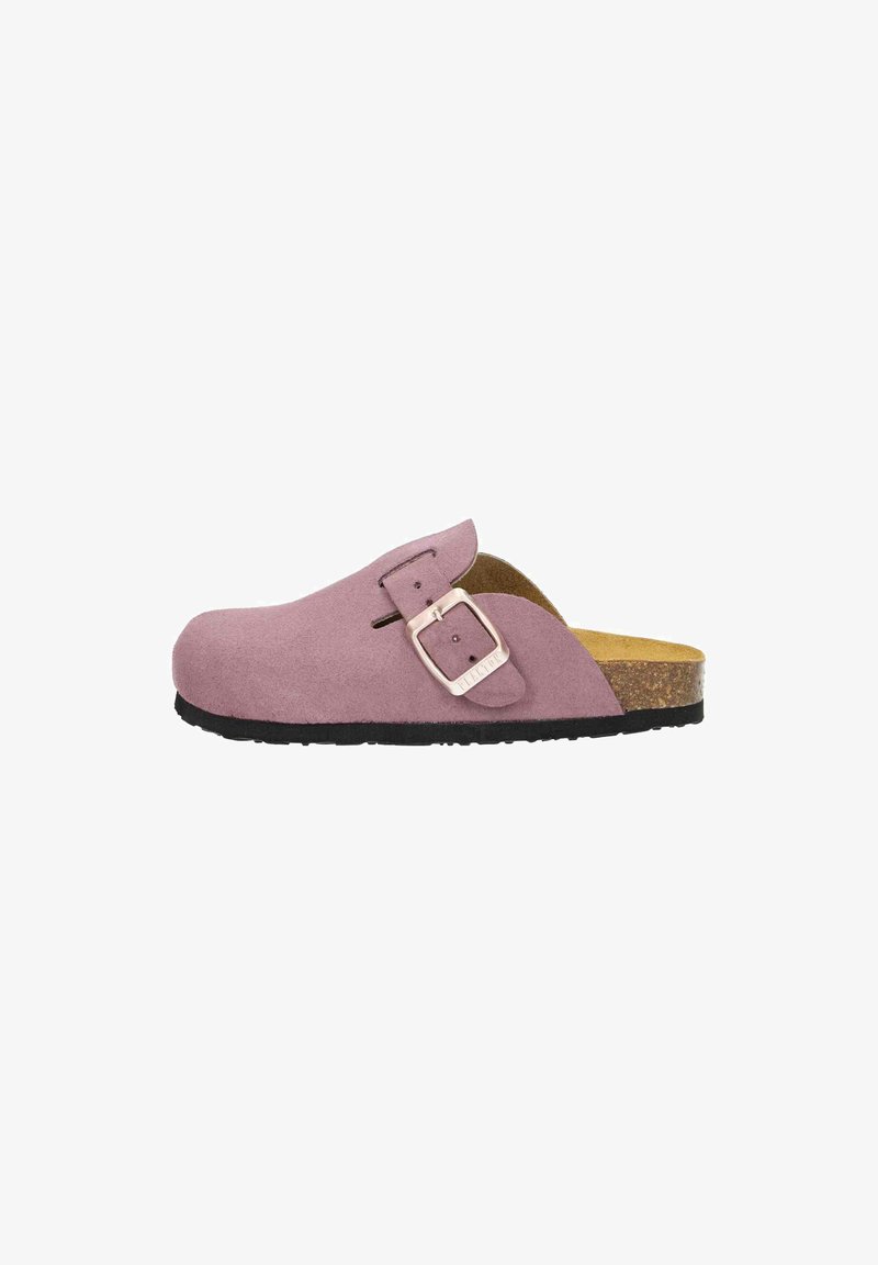Pink suede clog with a flat cork footbed, a silver adjustable buckle, and a textured black rubber sole. Smooth interior finish.