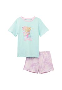 Plyšový zelený pyžamový set obsahující tričko s krátkým rukávem s grafikou mořské panny a růžovými akcenty, doplněný levandulovými šortkami s námořními vzory.