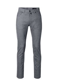 Slim-Fit graue Hose aus strukturiertem Stoff mit glatter Oberfläche. Mit fünf Taschen, einem Knopfverschluss und einem Bund mit Gürtelschlaufen.